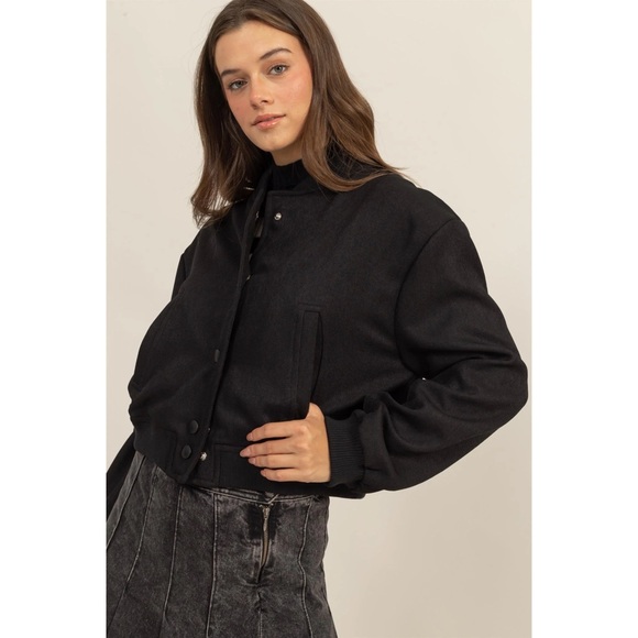 Hyfve Button-Up Black Bomber Jacket With Ribbed Cuffs - Picture 2 of 4